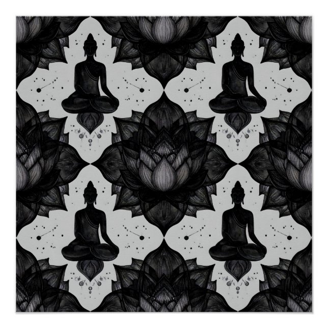 Pôster de Buda Meditando com Padrão Zen de Lótus P (Frente)
