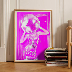 Poster de Cabeça de Menina Bola de Discoteca Rosa,