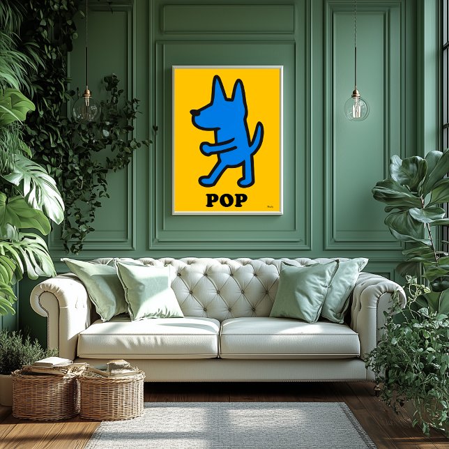 Poster de Cachorro pop - Silhueta Azul em Amarelo (Criador carregado)
