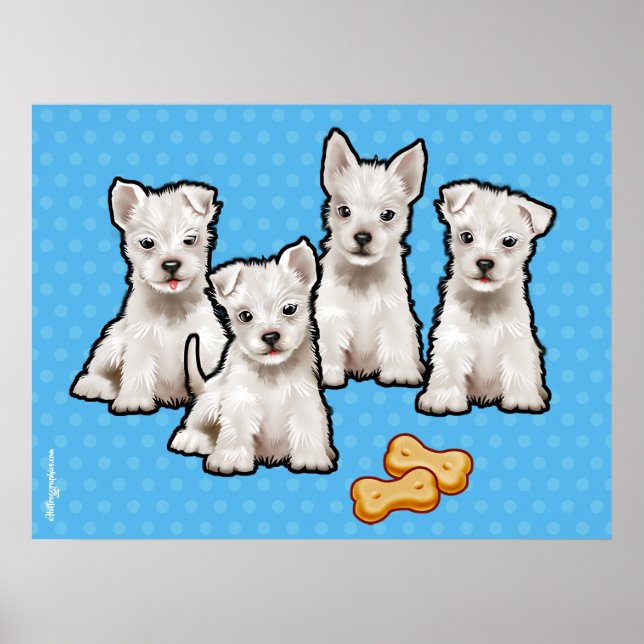 Poster de cachorros-brancos com 4 cachorros design (Frente)