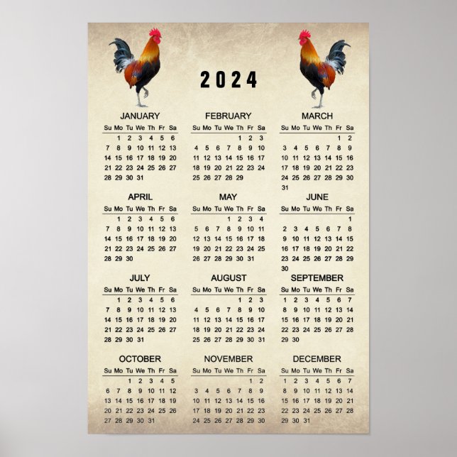 Poster de Calendário 2024 de Dois Roosters (Frente)