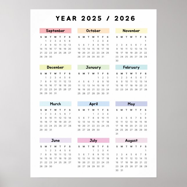 Poster de Calendário 2025 2026 do Rainbow Minimali (Frente)