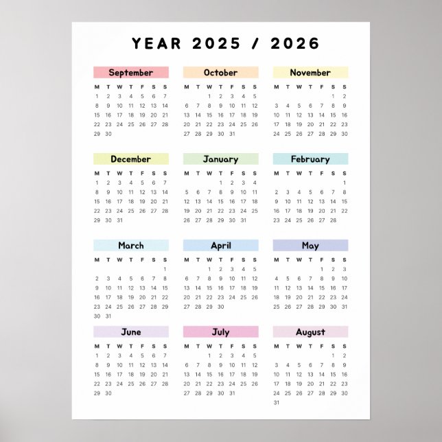 Poster de Calendário 2025 2026 do Rainbow Minimali (Frente)