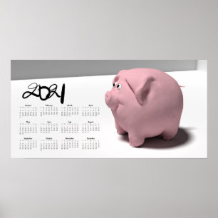 poster de Calendário 3D Engraçado Pig 3 2021 28x14