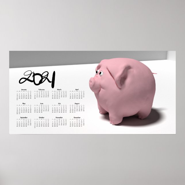 poster de Calendário 3D Engraçado Pig 3 2021 28x14 (Frente)