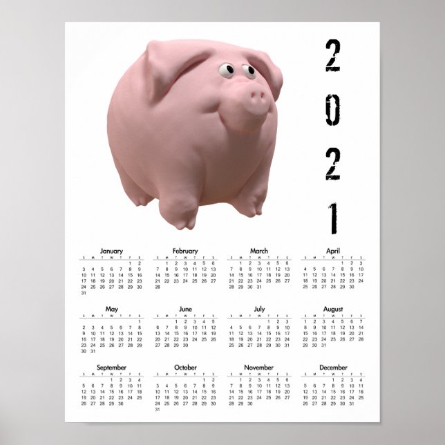 poster de Calendário Branco Pig 2 3D Engraçado (Frente)