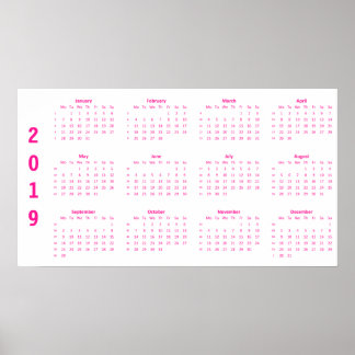 Poster de calendário rosa-quente minimalista 2019