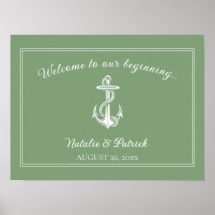 Poster de Casamento de Âncora Náutica Verde Moss
