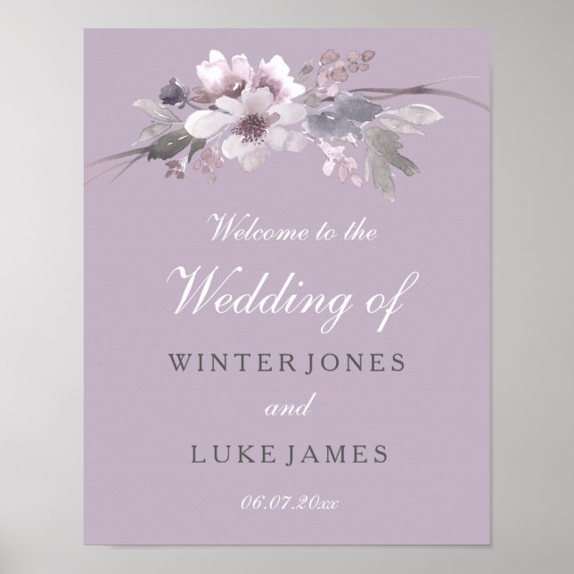 Poster de Casamento de Aquarela Floral Roxo Modern (Frente)