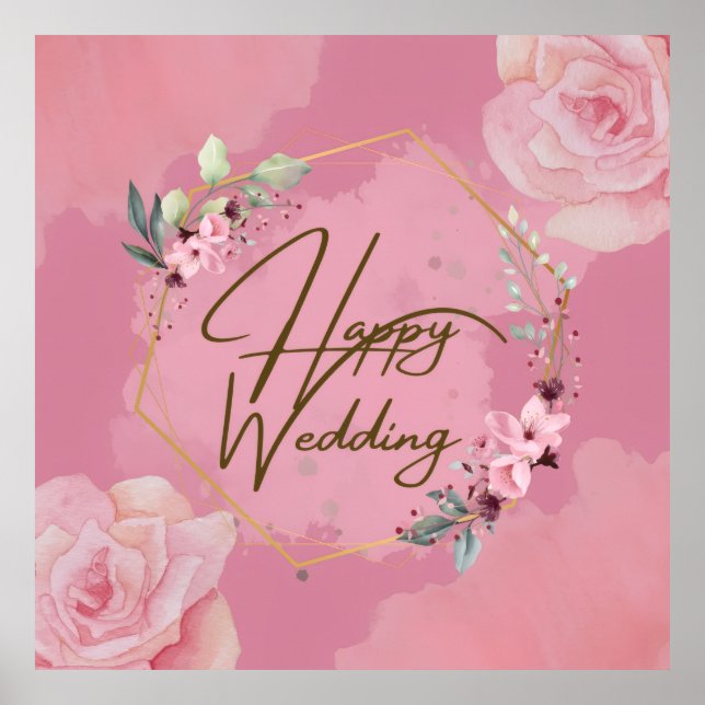 Poster de Casamento Feliz Rosa Floral (Frente)