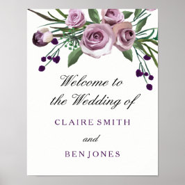 Poster de Casamento Floral com Rosa Roxo de Ameixa