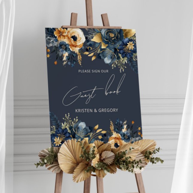 Poster de Casamento Floral Dourado Azul (Criador carregado)