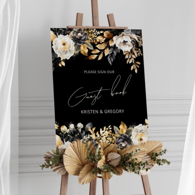 Poster de Casamento Floral Dourado Preto (Criador carregado)