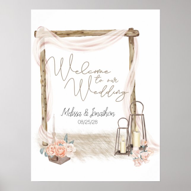 Poster de Casamento Floral Elegante Rosa Moderno B (Frente)