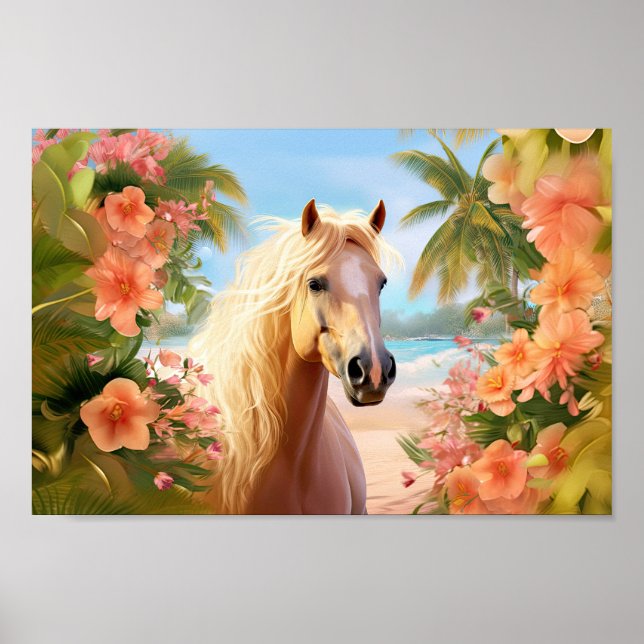 Poster de Cavalo Palomino de Praia de Hibiscus Ros (Frente)