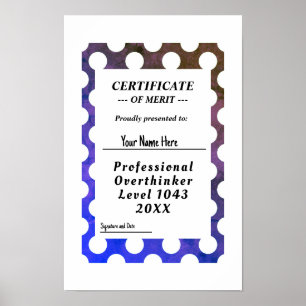 Poster de certificado de overthinker profissional