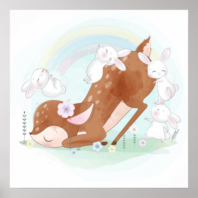 Pôster de cervo bebê com coelhinhos (Frente)