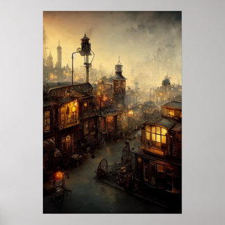 Poster de cidade de Steampunk, vista a partir da j