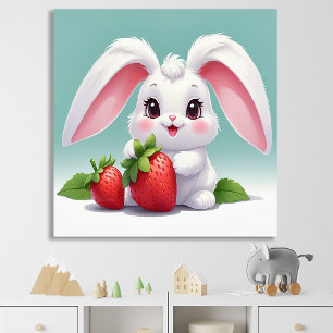 Poster de Coelho Branco Fofo Segurando Morangos