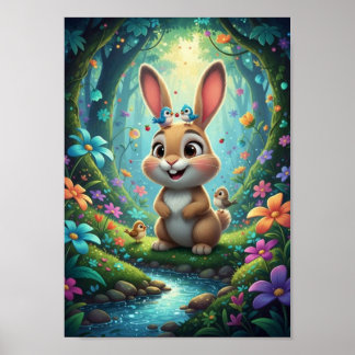 Poster de Coelho da Floresta Adorável com Pássaros