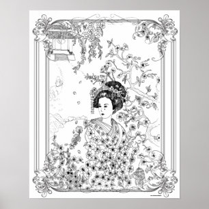 Poster de Coloração de Adultos "Geisha, Tristeza