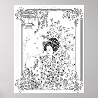 Poster de Coloração de Adultos "Geisha, Tristeza e