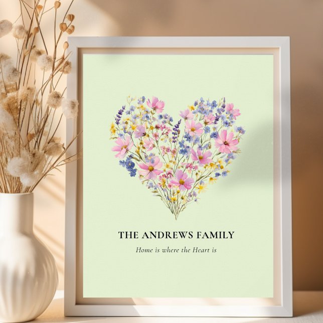 Pôster de Coração de Flor Silvestre com Sobrenome  (Custom Family Name Wildflower Heart Poster)