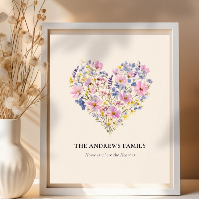 Pôster de Coração de Flor Silvestre com Sobrenome  (Custom Family Name Wildflower Heart Poster)