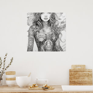 Poster de Corpo da Mulher Desenhadora de Arte Line