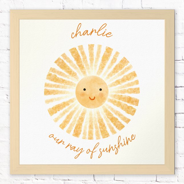 Pôster de decoração de berçário personalizado Raio (Our ray of sunshine personalized custom text happy watercolor sun poster for nursery decor)