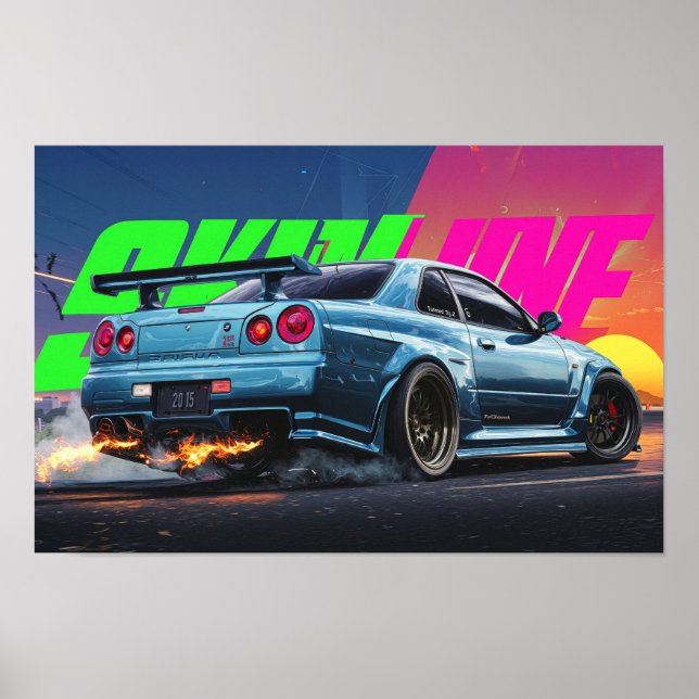 Poster de derivação de neon Skyline R34 (Frente)
