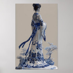 Poster de Design 3D para Porcelana Azul e Branco M