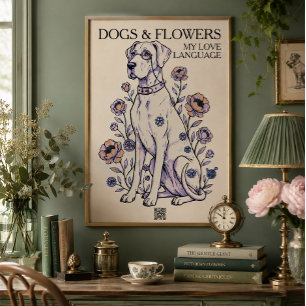 Pôster de Dogue Alemão e Flores Idioma do Amor