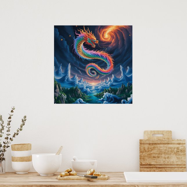 Pôster de Dragão Respirando Fogo ao Estilo Chinês (Cozinha)