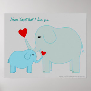 Poster de Elefante Mãe e Bebê em Tons Azuis