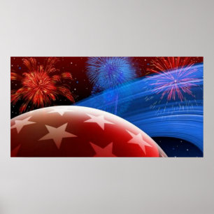 Poster de Estrelas Azuis Vermelhas e Fireworks