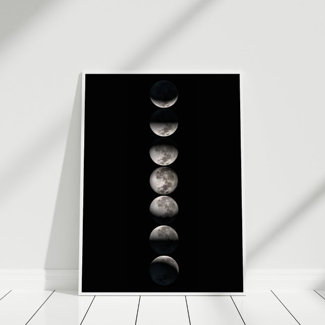 Poster de Fases da Lua (Black and White Moon Phases Poster in white frame.)