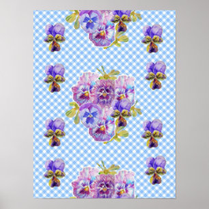 Pôster de flores de amor-perfeito xadrez azul Shab