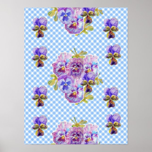 Pôster de flores de amor-perfeito xadrez azul Shab (Frente)