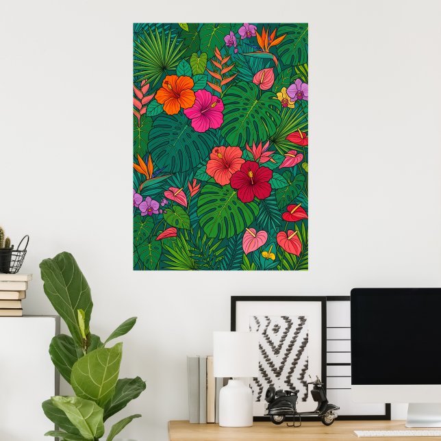 Pôster de Folhas da Selva Botânica de Hibisco Trop (Escritório em casa)