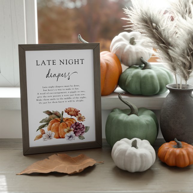 Poster de Fralda Noturno Atrasado (Boho Late Night Diapers Game Sign Baby Shower Fall Pumpkins)