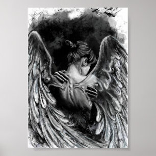Pôster de Garota Anjo - Pintura em Preto e Branco