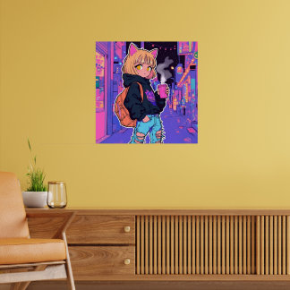 Poster de Garota Gato Cyberpunk – Estética Neon