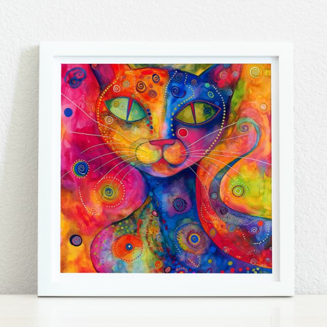 POSTER DE GATO COLORIDO E BRANCO (WHIMSICAL COLORFUL CAT POSTER)