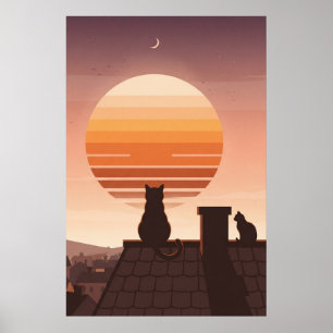 Pôster de Gatos Assistindo Pôr do Sol Retrô Sobre