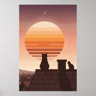 Pôster de Gatos Assistindo Pôr do Sol Retrô Sobre 