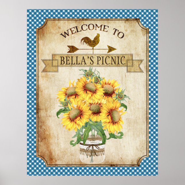 Poster de Gingham Azul de Girassol (Frente)