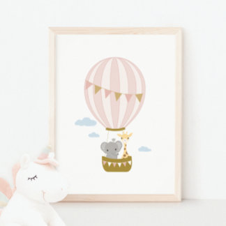 Poster de Girafa e Elefante de Balão de Ar Quente