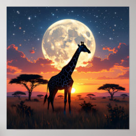 Pôster de Girafa sob Lua no Pôr do Sol Africano
