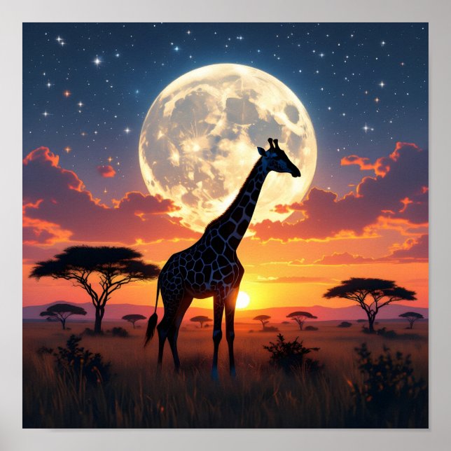 Pôster de Girafa sob Lua no Pôr do Sol Africano (Frente)